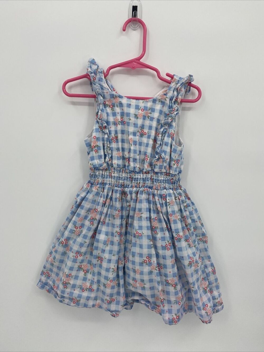 Mila & Emma Girls Plaid Floral Square Neck Ruffle Trim Fit & Flare Dress Blue 4T